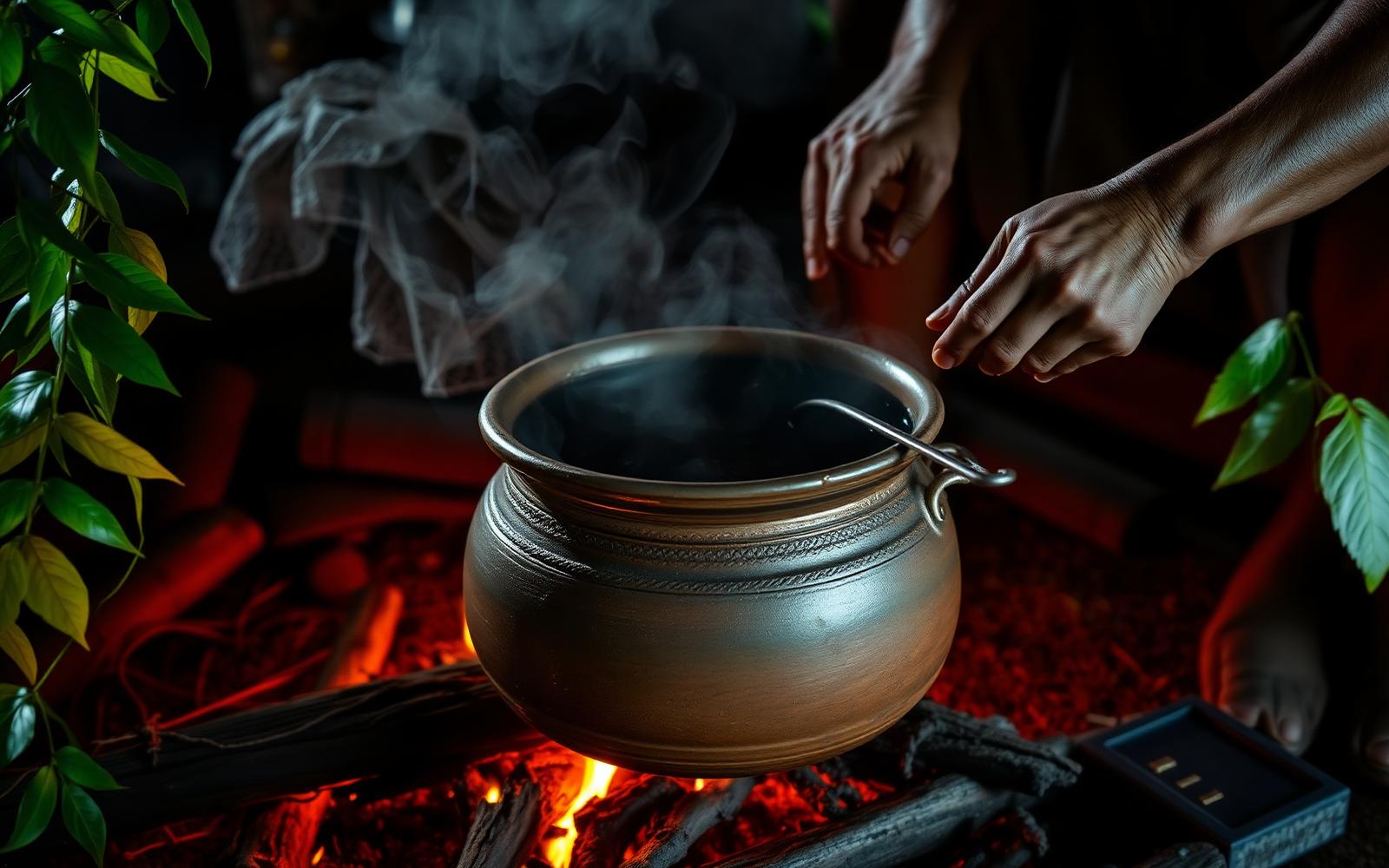 Manos removiendo una olla de yagé sobre el fuego