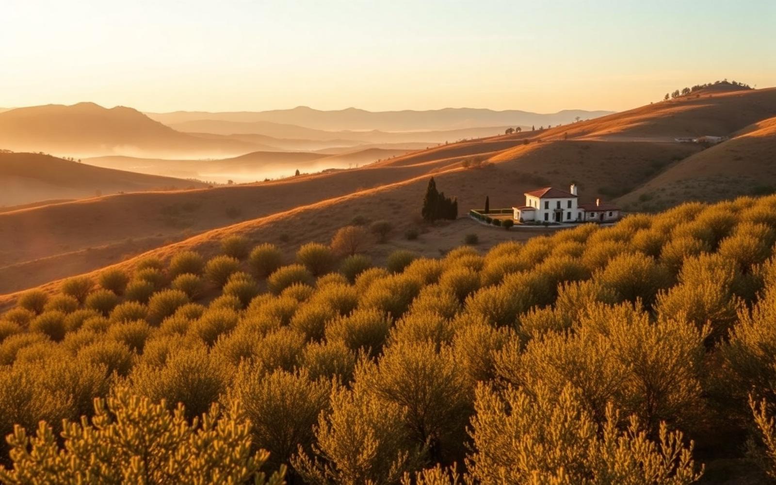 Paisaje de olivar y finca en la sierra española al atardecer